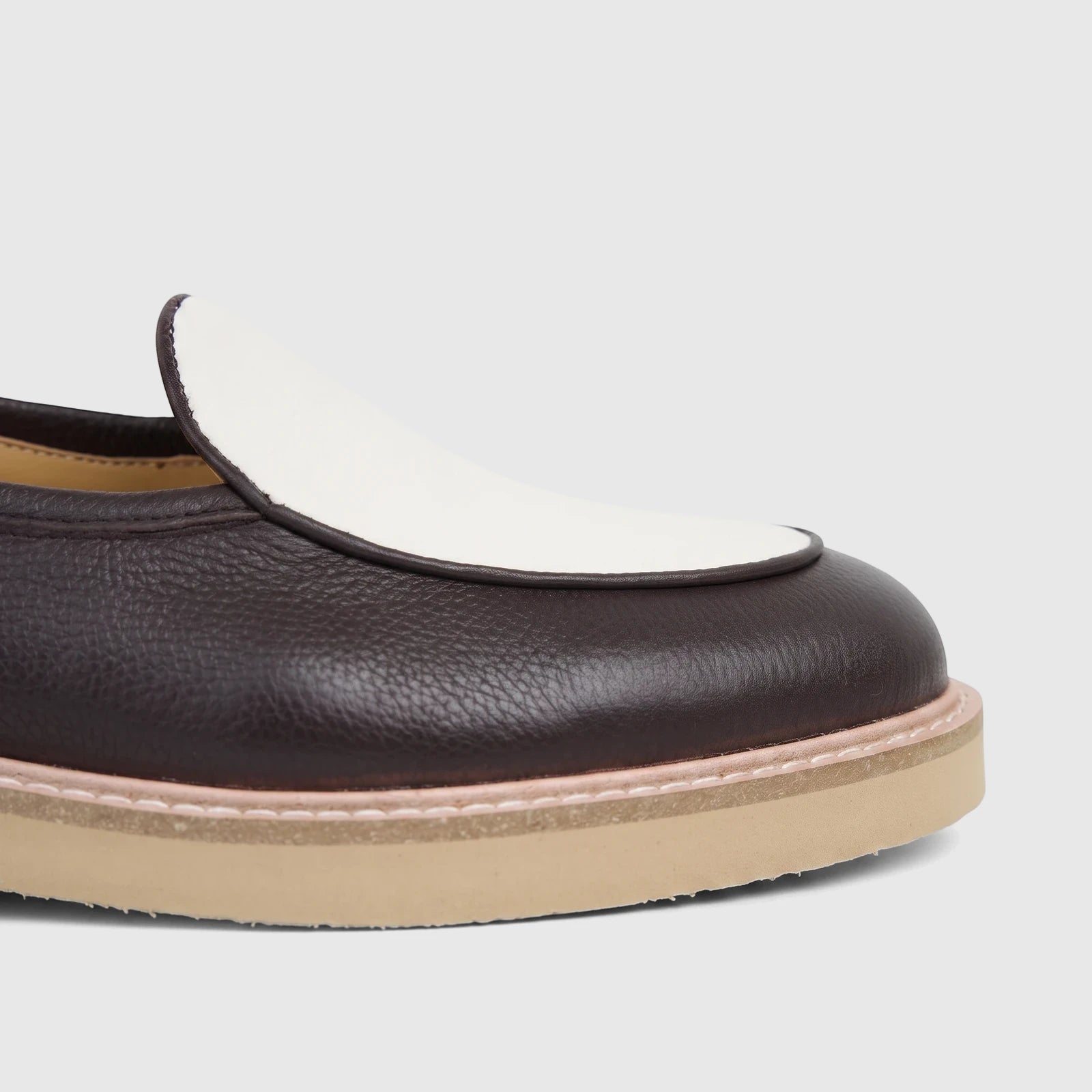 Bulletti Men's Leather Chunky Sole Loafer in mariner brown and off-white, captured in a close-up side view.