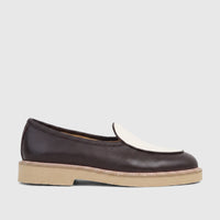 Bulletti Men's Leather Chunky Sole Loafer in Mariner Brown and Off White, presented in a side profile view.
