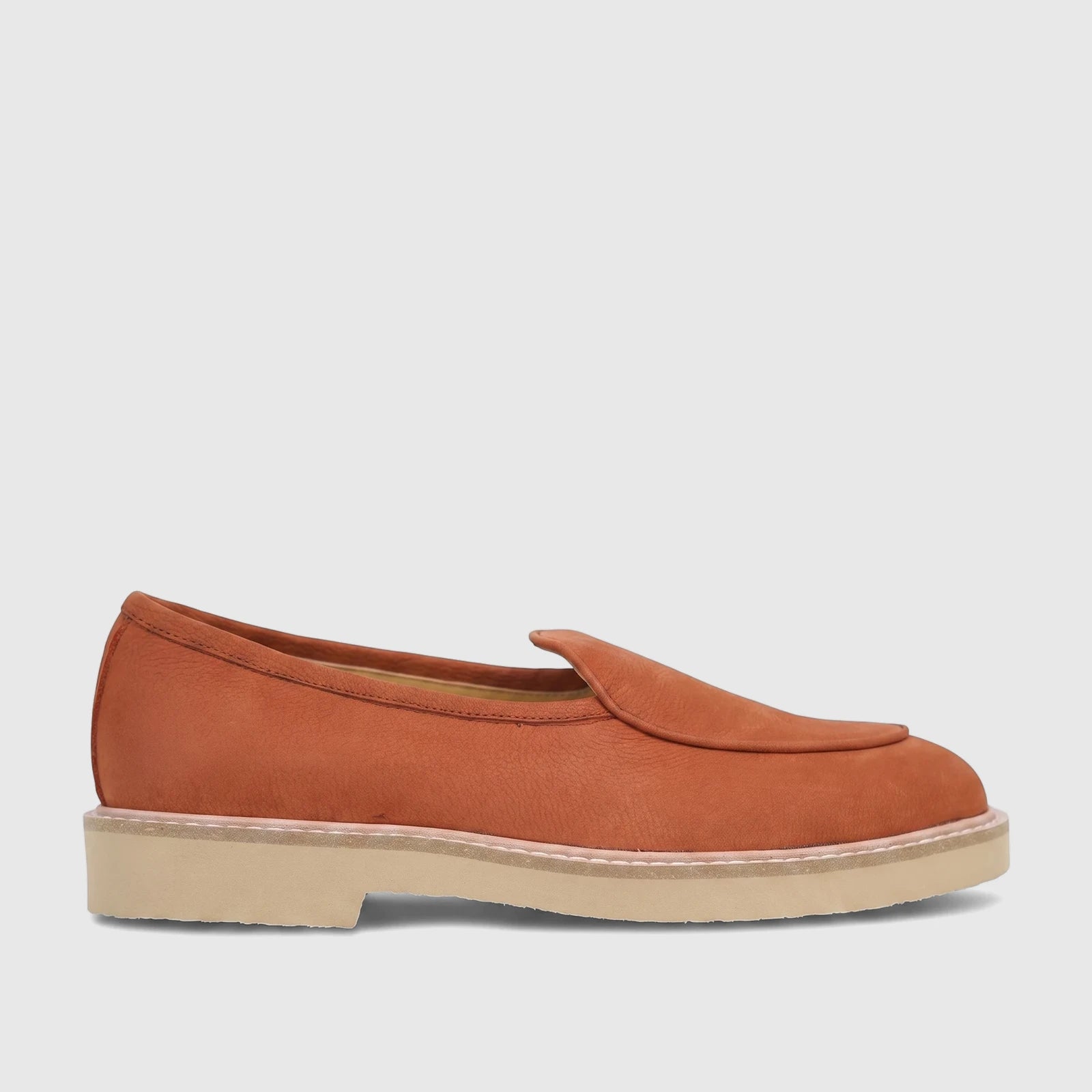 Men's Bulletti leather loafer in mariner orange with a chunky beige sole, displayed in a side profile view.