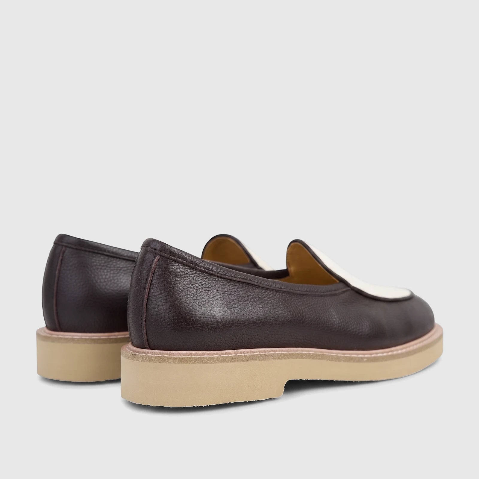 Bulletti men's leather chunky sole loafers in mariner brown and off-white, shown from the side view on a white background.