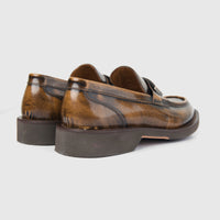 Bulletti Men's Leather Chunky Sole Slip On 96-459 in tan leather, rear side view showing thick black sole