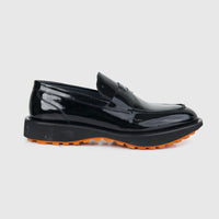 Bulletti men's leather chunky sole slip on 96-553 black patent loafer, side view with orange tread.