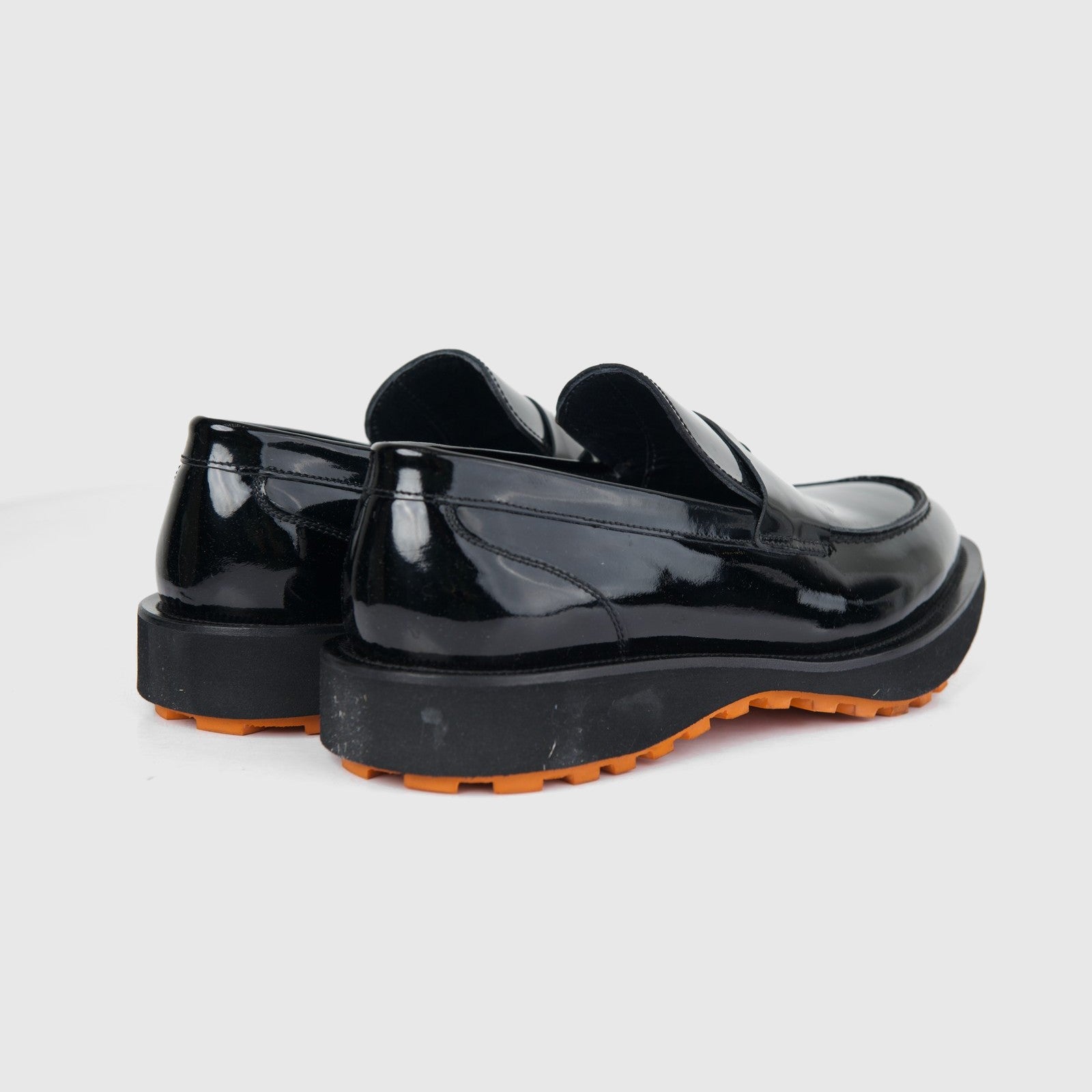 Bulletti Men's Leather Chunky Sole Slip On 96-553 black patent leather loafers, rear side view with lug sole