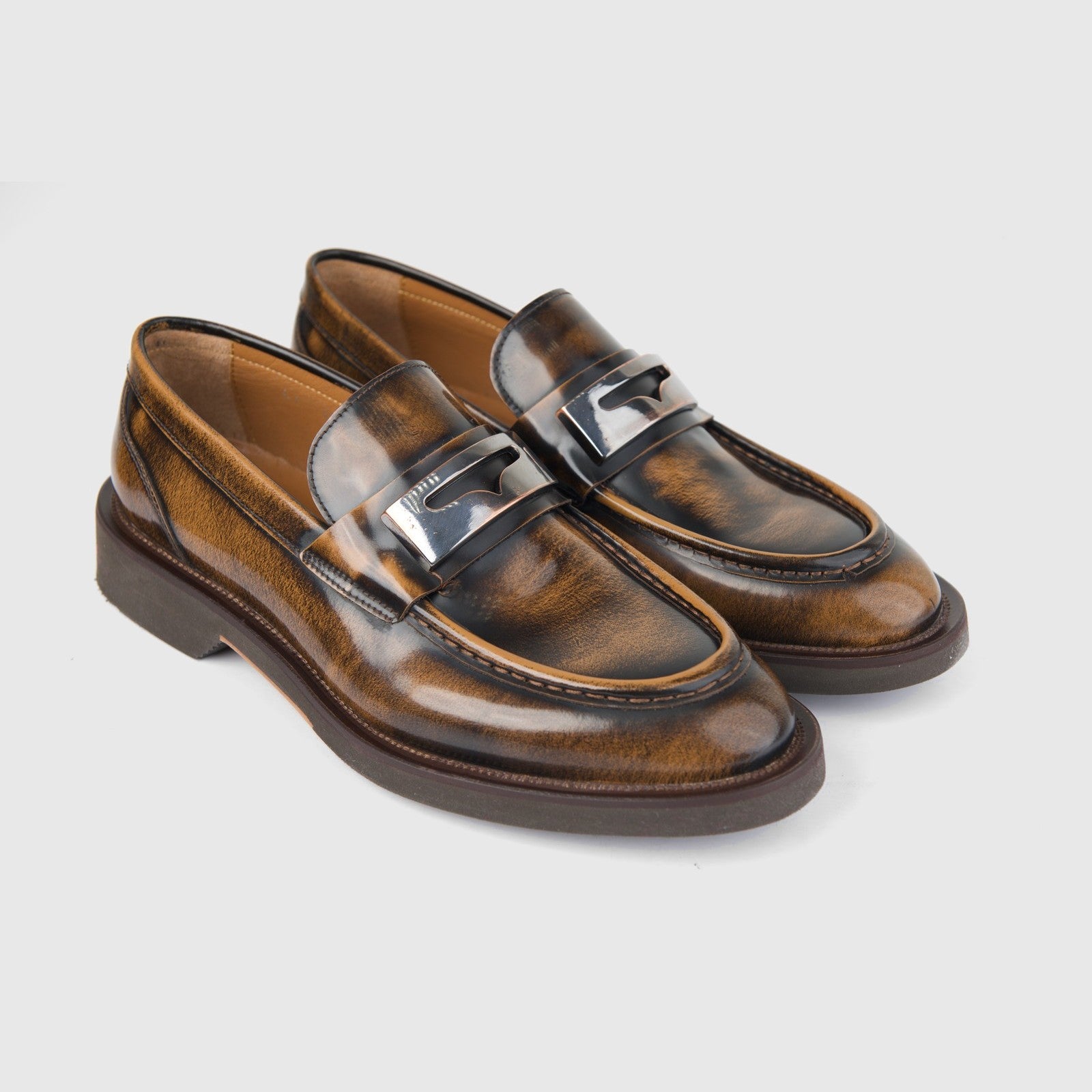 Bulletti Men's Leather Chunky Sole Slip On 96-459 tan leather loafers with metal strap detail, side view