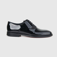 Bulletti Men's Leather Dress Lace Up 128-21 black patent oxford shoe, side view with glossy finish