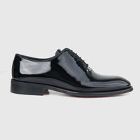 Bulletti Men's Leather Dress Lace Up 1-421 black patent shoe, side view showing glossy finish and low heel.
