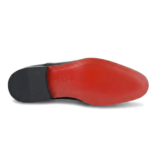 Bulletti Men's Leather Dress Lace Up 1-421 black patent shoe, bottom view showing red outsole and black heel