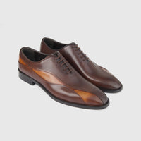 Bulletti Mens Leather Dress Lace Up 2-835 brown oxford shoes with two-tone leather panels, side view pair.