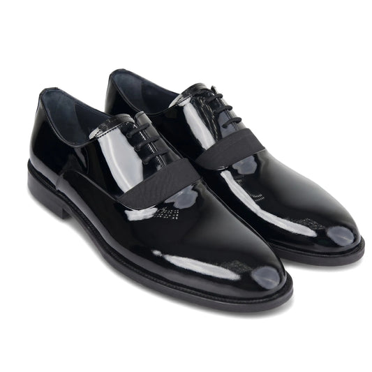 Bulletti Men's Leather Dress Lace Up 128-21 black patent shoe, glossy leather lace-up oxford in side view