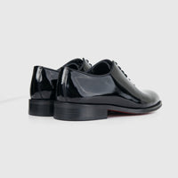 Bulletti Men's Leather Dress Lace Up 1-421 black patent leather oxford shoes, rear side view showing glossy finish and low
