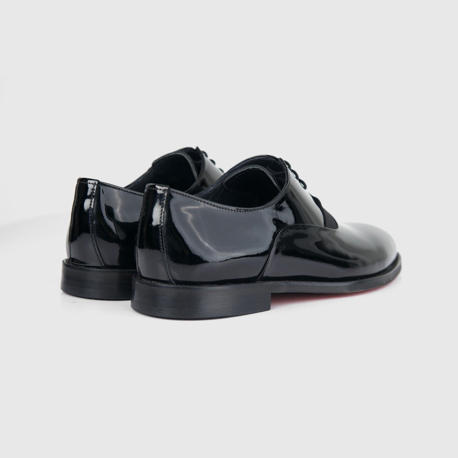 Bulletti men's leather dress lace up 128-21 black patent shoes, glossy finish, rear three-quarter view.
