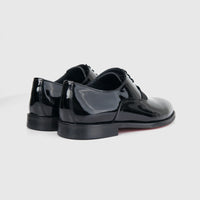 Bulletti men's leather dress lace up 128-21 black patent shoes, glossy finish, rear three-quarter view.