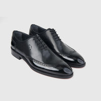 Bulletti men's leather dress lace up brogue BC72 in black, glossy finish with wingtip perforations, pair view