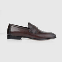 Bulletti Men's Leather Dress Slip On 140-22 in brown leather, side view loafer with penny strap detail.