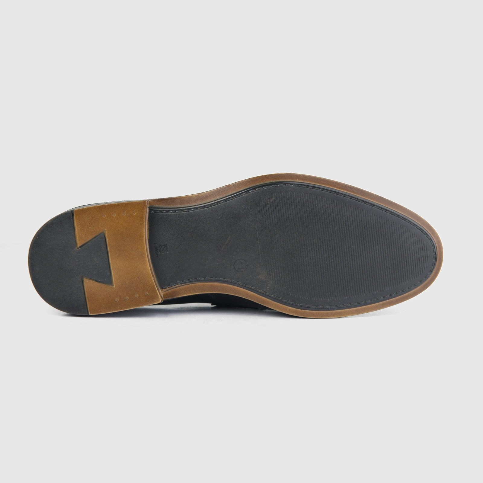 Bulletti Men's Leather Dress Slip On 52-126 Black Hi Shine BC74, outsole bottom view with black sole and brown heel trim.