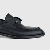 Bulletti Men's Leather Dress Slip On 140-48 Black BC70, black pebbled leather loafer side view with strap detail.