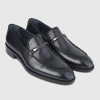 Bulletti men's leather dress slip on loafers in black with metal bit detail, shown as a pair angled view