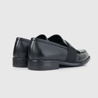 Bulletti men's leather dress slip on shoes 4-162 in black, rear side view showing low heel and smooth leather.