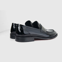 Bulletti men's leather dress slip-on with studs, black patent finish loafer shown from side and back.