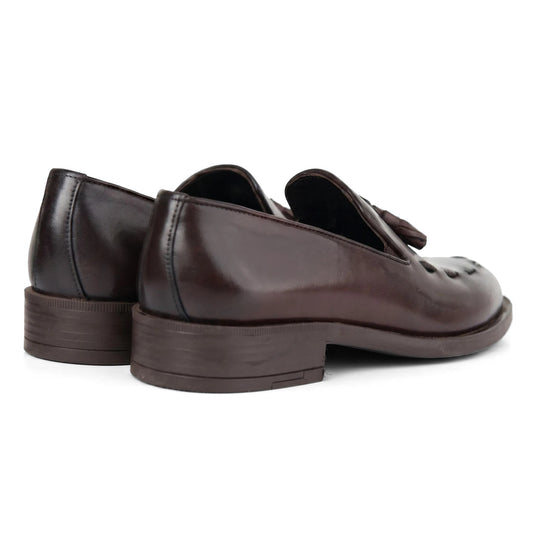 Bulletti men's leather dress slip-on with tassel 96-378 in brown, rear side view showing low heel loafer.