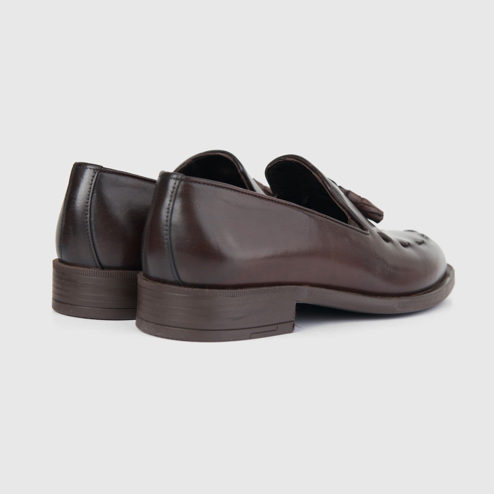 Bulletti men's leather dress slip-on loafers with tassel in brown, rear side view showing low heel