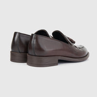 Bulletti men's leather dress slip-on loafers with tassel in brown, rear side view showing low heel