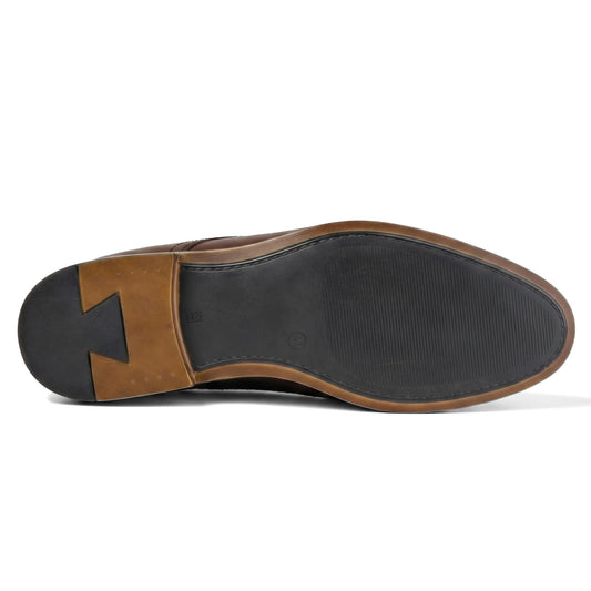 Bulletti Men's Leather Dress Lace Up 24-491 Brown BC78 shoe, bottom view showing black rubber sole and brown trim