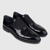 Bulletti Men's Leather Dress Slip On 24-397 black patent loafers, glossy cap-toe pair shown from front angle.