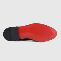 Bulletti men's leather dress slip on 24-397 in black patent, bottom view showing red sole and black heel.