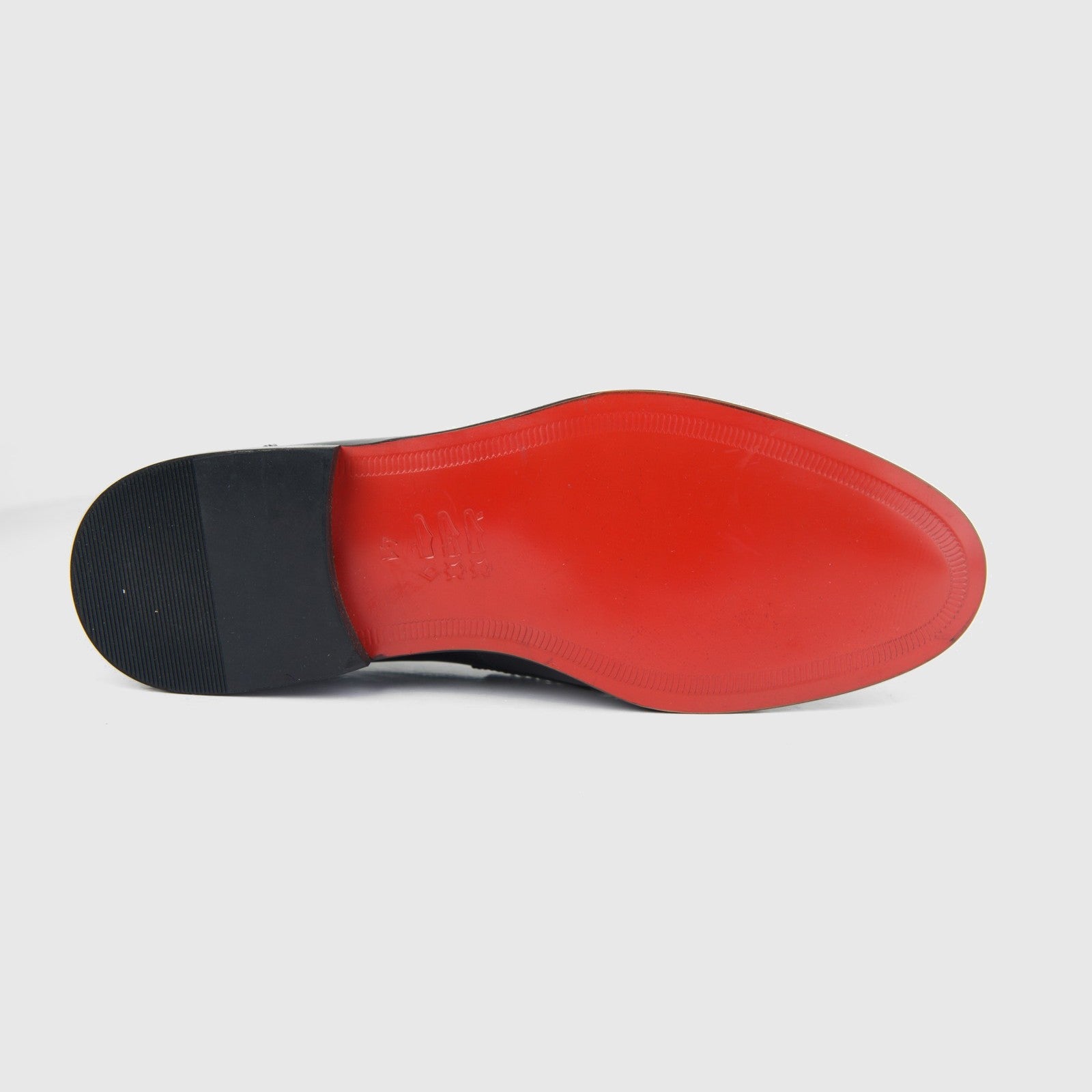 Bulletti Men's Leather Dress Slip On With Studs 3-357 black patent shoe, bottom view with red sole