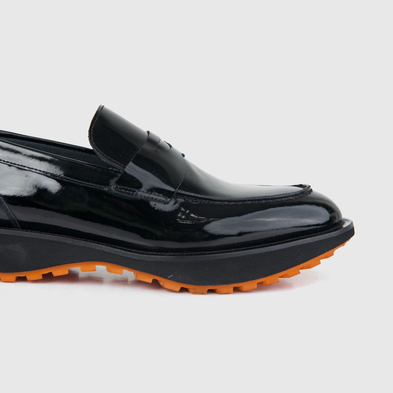 Bulletti men's leather chunky sole slip on 96-553 in black patent, side view showing lug outsole.