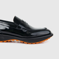 Bulletti men's leather chunky sole slip on 96-553 in black patent, side view showing lug outsole.