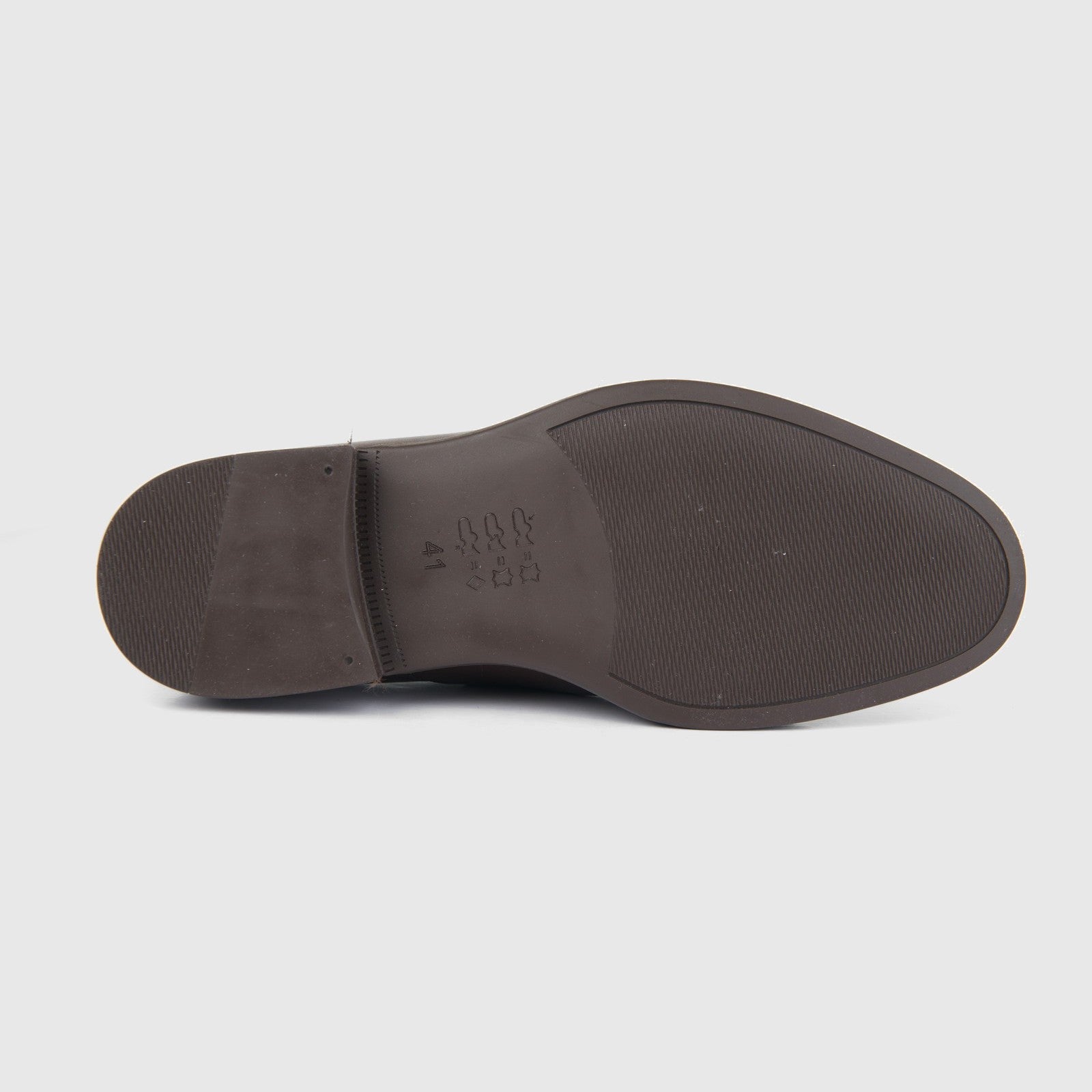 Bulletti men's leather dress slip on with tassel 96-378 brown, bottom view showing black rubber sole tread.