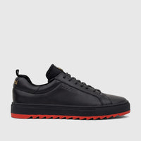 Black leather Bulletti men's sneaker, featuring a distinctive jagged red sole and intricate stitching, viewed from the side.