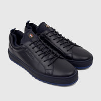 Pair of Bulletti Men's Leather Sneaker Dark Blue HASM-001, featuring black laces and blue accents, displayed on a flat