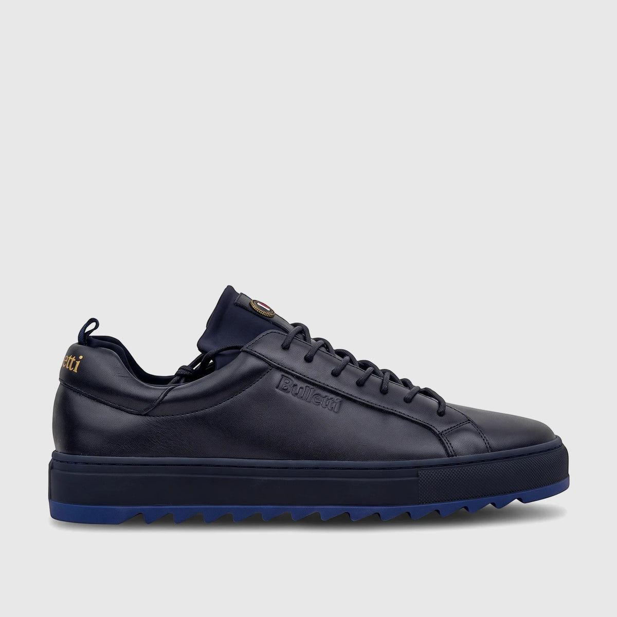 Bulletti Men's Leather Sneaker Dark Blue HASM-001, side view of a dark blue leather sneaker with a textured sole.