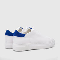 Pair of Bulletti Men's Leather Sneakers in white with blue heel accents, shown from the side and back view on a white