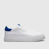 Men's Bulletti leather sneaker in white with a blue suede heel tab, shown in a clean side profile.