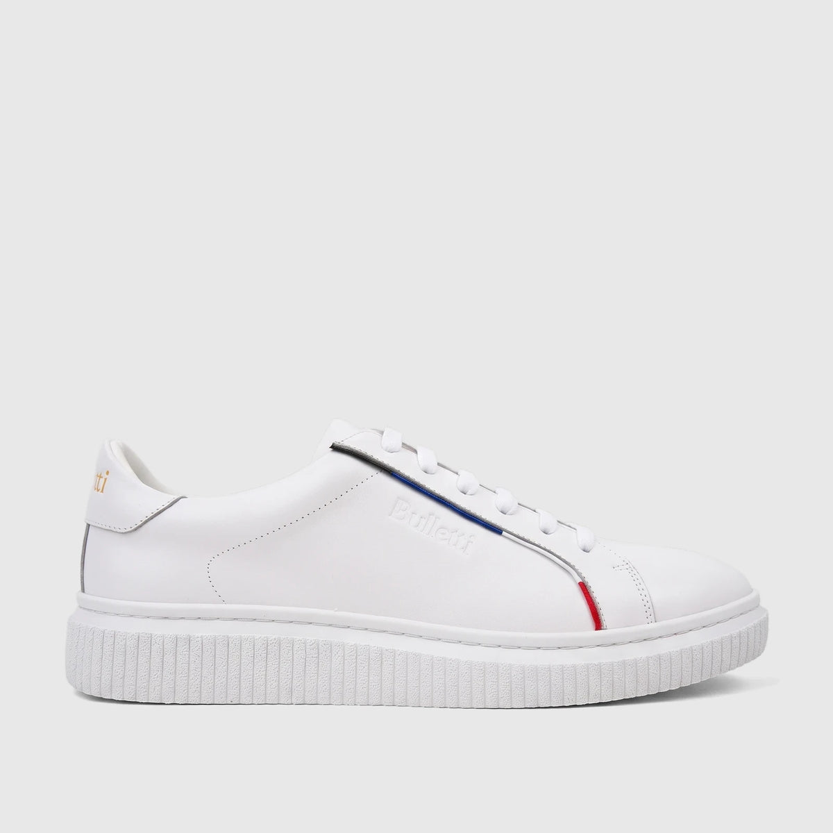 Bulletti Men's Leather Sneaker White HASM-002, side view, with white laces and red, blue, and white striped detail on a