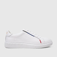 Bulletti Men's Leather Sneaker White HASM-002, side view, with white laces and red, blue, and white striped detail on a