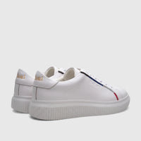 White Bulletti men's leather low-top sneakers with red and blue stripes, shown from a rear-side angle on a clean surface.