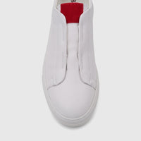 Close-up of a Bulletti Men's Leather Sneaker in white with a red inner collar, viewed from the front.