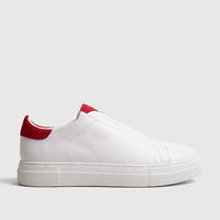 Bulletti men's low-top leather sneakers in white with red heel accents, shown in a side view on a clean surface.