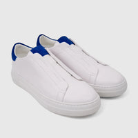 Pair of Bulletti Men's Leather Sneakers in white with blue heel accents, featuring a slip-on design and white rubber soles.