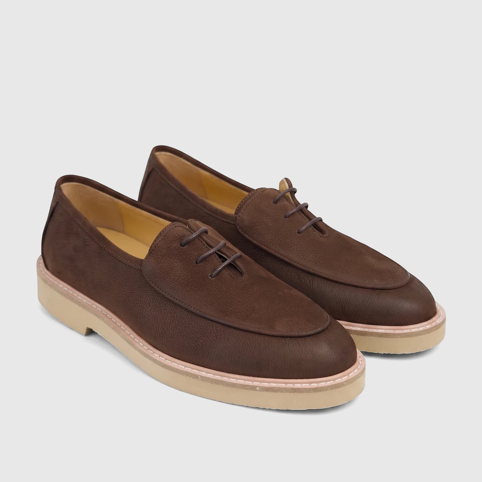Pair of Bulletti Men's Monarch Brown leather chunky sole lace-up loafers, detailed from a slightly elevated front-side view.