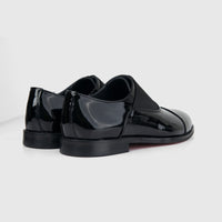 Bulletti Men's Leather Dress Slip On 24-397 black patent shoes with glossy finish, rear side view of the pair.