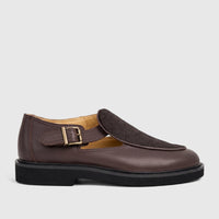 Bulletti Men's Stallion Brown leather chunky sole sandal, detailed with a buckle and furry vamp, side view.