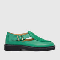 Bulletti unisex leather chunky sole sandal in majesty green with suede detail, viewed from the side.