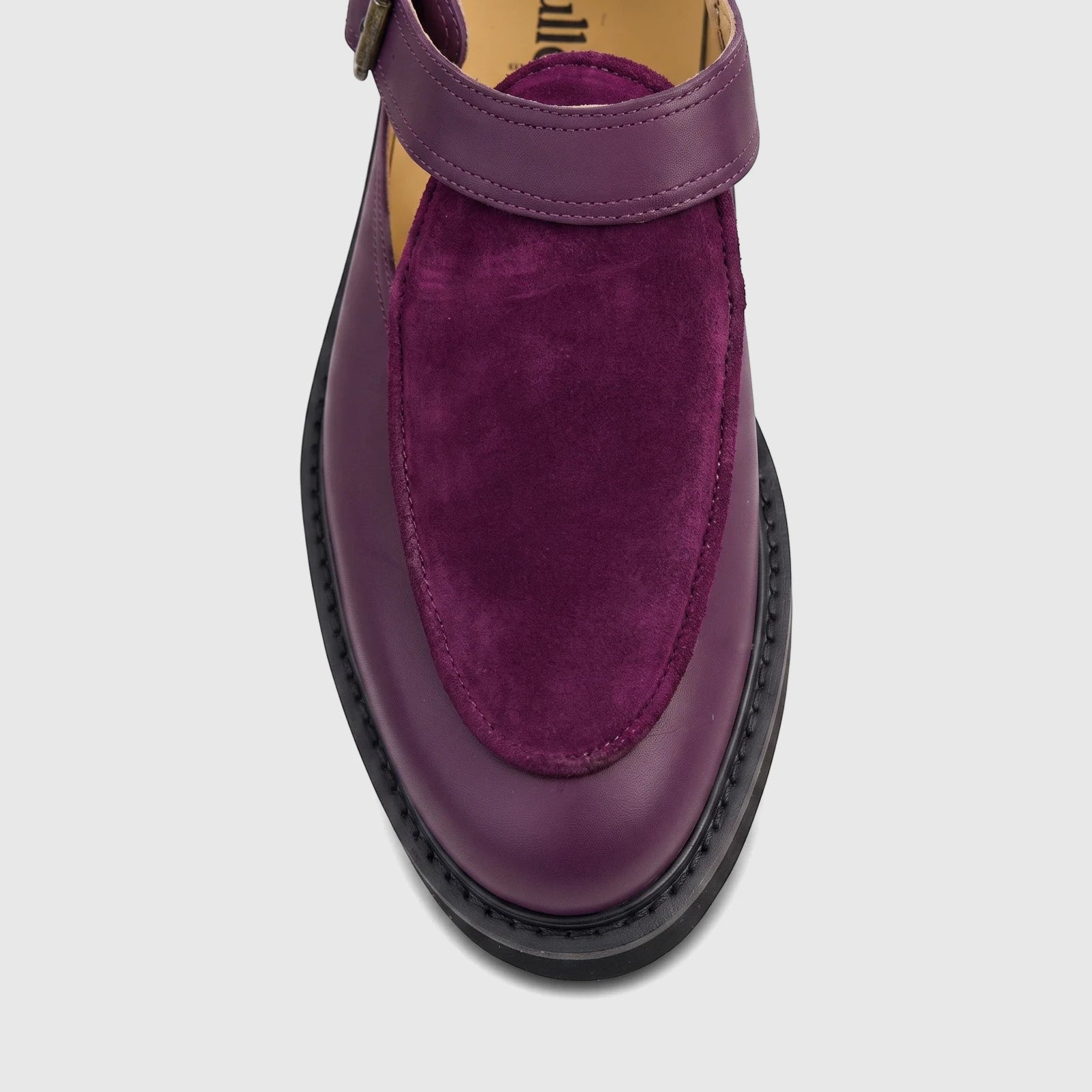 Front view of a Bulletti Unisex Majesty Purple Leather and Suede Chunky Sole Sandal, showcasing its distinctive design and