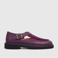 Majesty purple leather chunky sole sandal with a suede vamp and a buckle strap, shown in a side view.